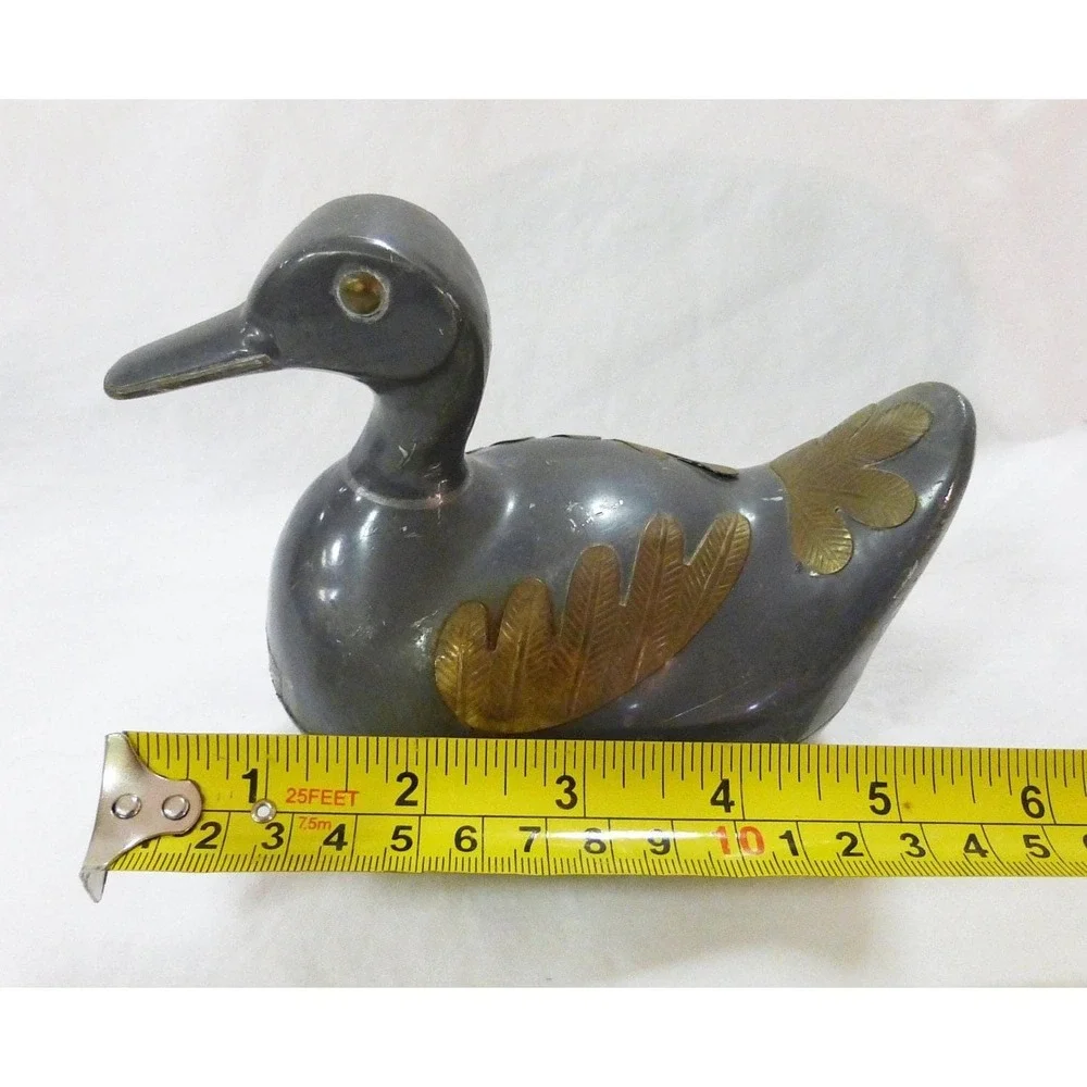 Vtg chinese pewter brass duck lidded‎ trinket jewelry box dish bird farmhouse